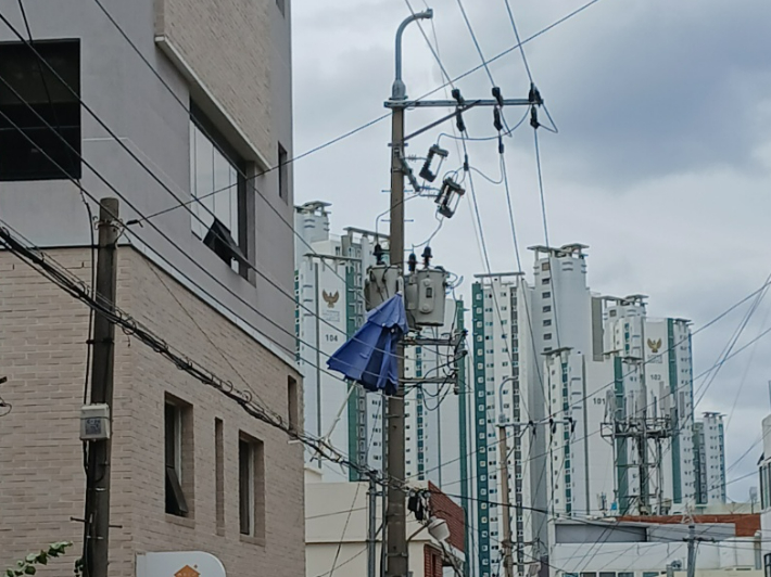 4일 오전 7시쯤 부산 사하구의 한 거리에서 강풍에 날아간 파라솔이 전봇줄에 걸려있다. 부산소방재난본부 제공