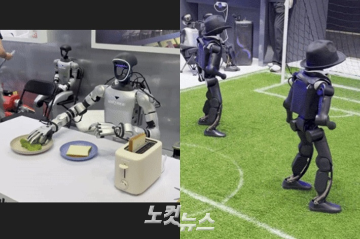 샌드위치를 만드는 유니트리의 휴머노이드 로봇(왼쪽)과 음악에 맞춰 춤추고 있는 부스터 로보틱스의 휴머노이드 로봇. 김구연 기자 