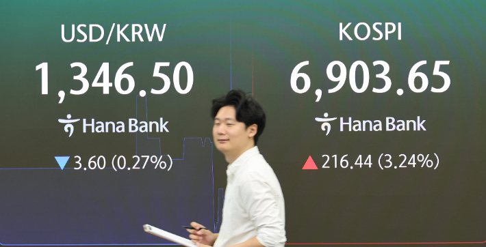7일 서울 중구 하나은행 본점 딜링룸에서 직원들이 증시와 환율을 모니터하고 있다. 이날 코스피는 전일 대비 3.34%(223.57p) 상승한 6910.78로 시작했다. 원/달러 환율은 오전 8시47분 하나은행 고시 기준 달러당 1347.00원을 기록했다. 연합뉴스