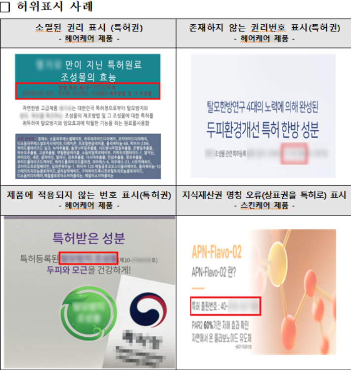 화장품 지식재산권 허위 표시 사례. 지식재산처 제공
