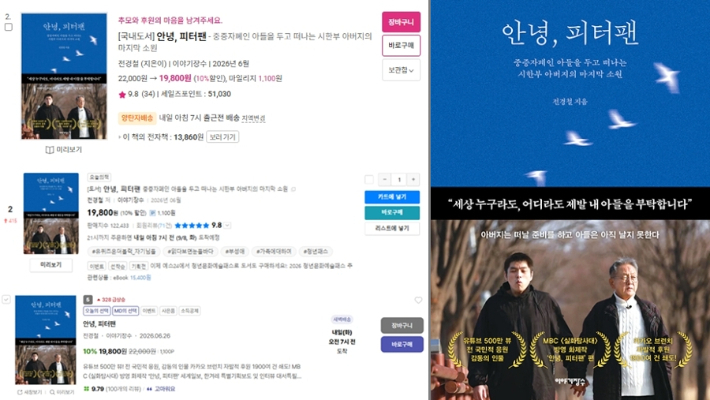 일간 베스트셀러에 오른 '안녕, 피터팬'. YES24, 교보문고, 알라딘 홈페이지 캡처·이야기장수 제공