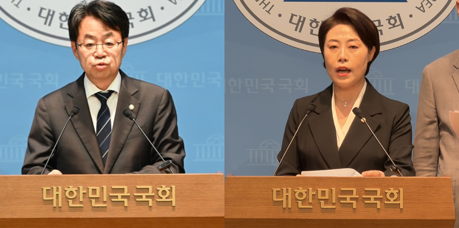 전재수 부산시장 '북항 돔구장' 놓고, 민주당 박홍배 부산시당위원장(왼쪽)과 국민의힘 서지영 국회의원이 국회에서 맞불 기자회견을 열고 있다. 각 정당 제공 