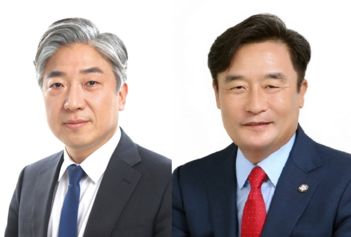 더불어민주당 최택용 부산 기장군 지역위원장(왼쪽)과 현역 지역 국회의원인 국민의힘 정동만 의원. 각 정당 제공 