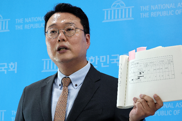 개혁신당 천하람 대표 권한대행 겸 원내대표가 7일 국회 소통관에서 기자회견을 열고 강신철 국방부 장관 후보자가 아들의 분당 양지마을 상가 매입 내역을 인사청문요청안에서 은폐했다는 의혹을 제기하고 있다. 연합뉴스