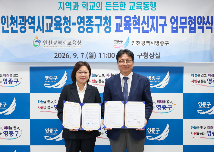 2026년 영종구 교육혁신지구 업무협약 체결. 왼쪽부터 손화정 구청장과 도성훈 교육감 모습. 영종구 제공