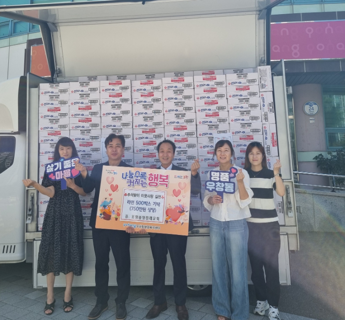 포항중앙침례교회(김중식 담임목사)는 우창동행정복지센터(정인용 동장)에 추석맞이 사랑의 라면 500박스를 기탁했다. 포항시 제공