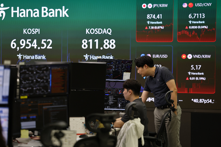 코스피가 전 거래일 대비 40.87포인트(0.58%) 내린 6,954.52로 마감한 8일 서울 하나은행 본점 딜링룸에서 딜러들이 업무를 보고 있다. 연합뉴스