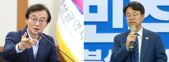 전재수 부산시장(왼쪽)과 박홍배 더불어민주당 부산시당위원장. 부산시·민주당 제공 
