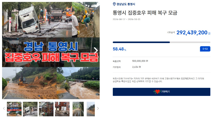 통영시 피해 복구 모금. 통영시청 제공 