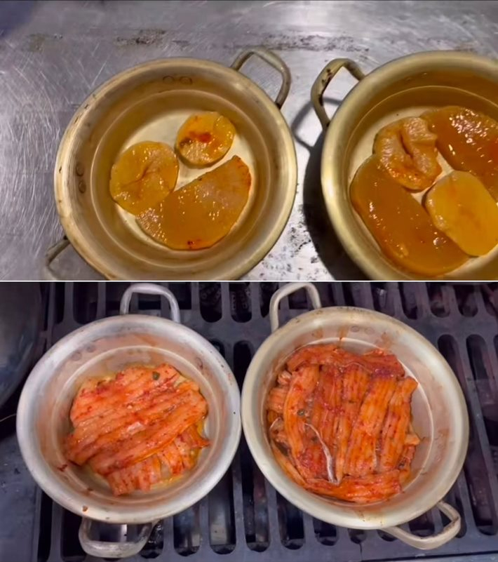A씨의 의문에 식당 측이 공개한 조리 영상. 왼쪽이 1인분, 오른쪽이 4인분이다. 스레드 캡처(계정 비공개 처리)