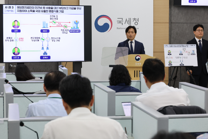 이성글 국세청 조사국장이 14일 정부세종청사 국세청 기자실에서 의식주 생활비 관련 물가 불안을 조장하는 탈세 혐의자에 대한 세무조사에 관해 브리핑하고 있다. 연합뉴스