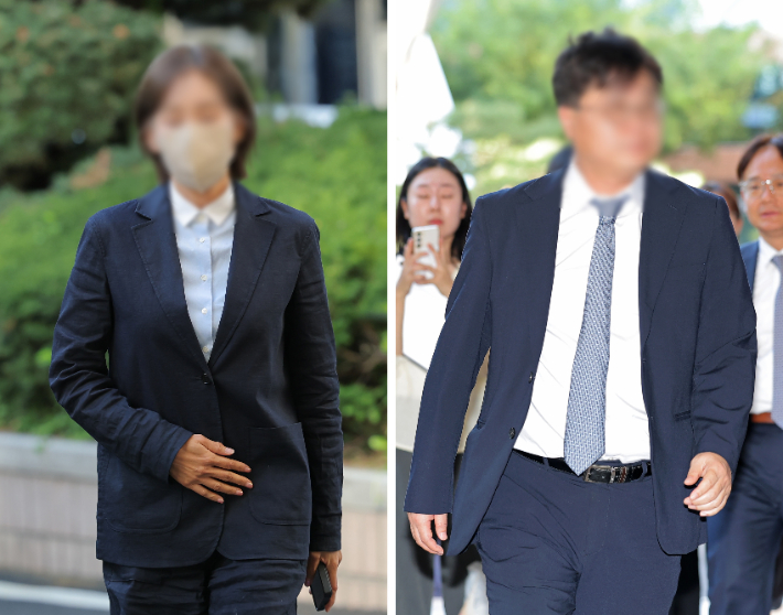 김승원 법무부 장관 후보자에게 '신약 청탁'을 했다는 의혹을 받는 브로커 양 모 씨(왼쪽)와 의혹의 핵심 인물인 제넨셀 설립자 강 모 씨가 15일 서울 마포구 서울서부지방법원에서 열린 뇌물공여 혐의 공판기일에 출석하고 있다. 연합뉴스