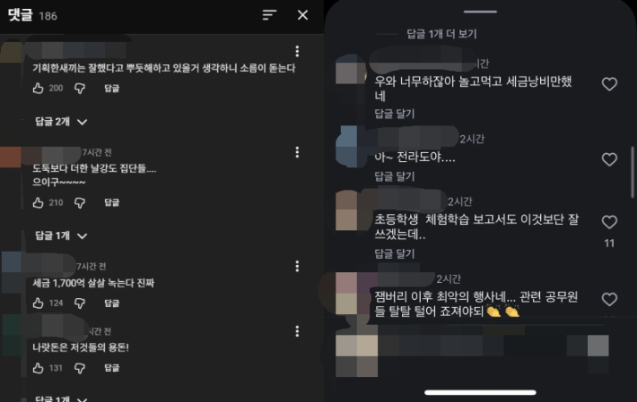 문화예술단 초청공연으로 진행된 '거문도뱃노래' 공연에 달린 온라인 댓글. 전체 관련 사업비를 언급하며 비판적인 반응이 쏟아졌다. 유튜브·인스타그램 캡처(계정 비공개 처리)