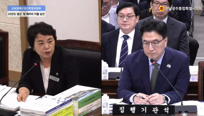 김미연 의원(왼쪽)이 질의하고 있다. 통합특별시의회 제공