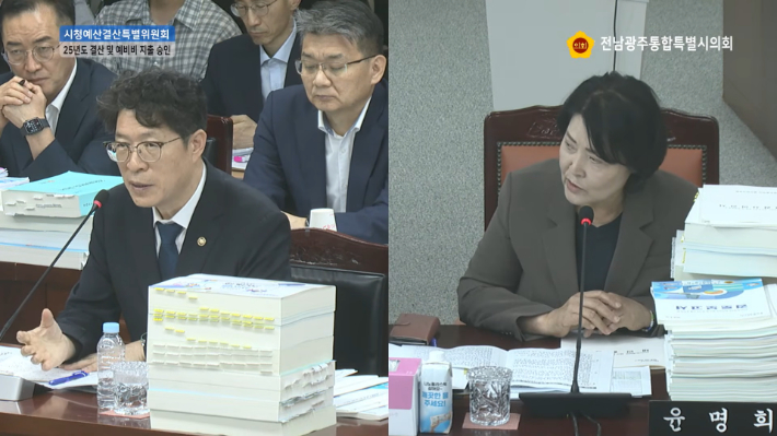 왼쪽부터 황기연 부시장, 윤명희 의원. 통합특별시의회 제공