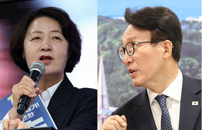 추미애 경기도지사(왼쪽)와 더불어민주당 김민석 대표. 윤창원 기자·연합뉴스