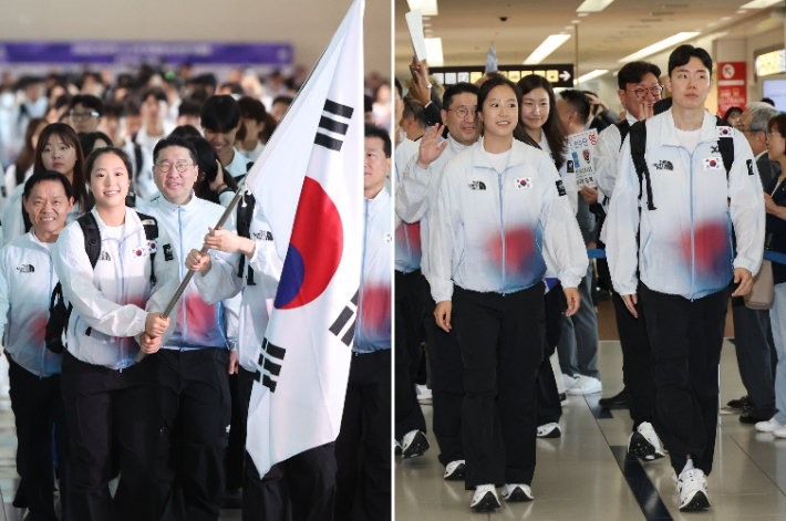 탁구 신유빈 등 대한민국 선수단이 17일 인천국제공항 제2여객터미널에서 출국하고 있다. 오른쪽은 일본 주부국제공항을 통해 입국하는 모습. 연합뉴스