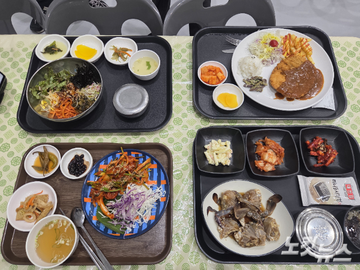 여수세계섬박람회 주행사장 푸드코드에서 판매 중인 음식들. 왼쪽 위부터 시계방향으로 갓낙지비빔밥(1만 5천 원), 제주탐라돈까스(1만 5500원), 연평도 게장반상 꽃게(1만 4900원), 서대회무침 1인분(1만 5천 원). 유대용 기자