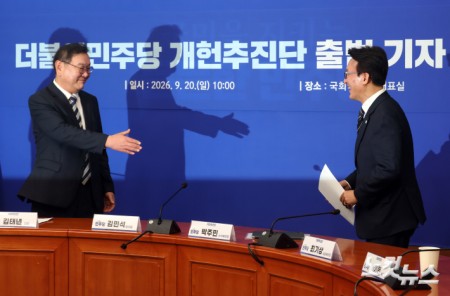 악수하는 김민석 대표-김태년 개헌추진단장