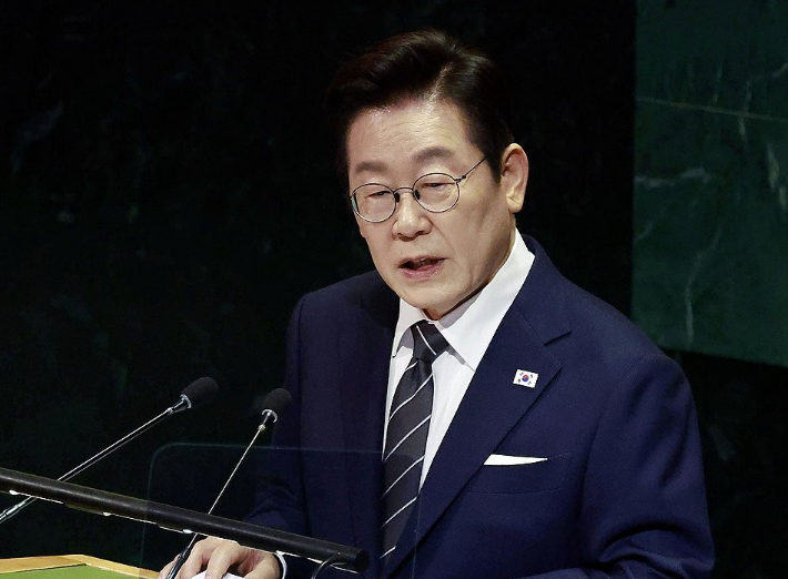 이재명 대통령이 미국 뉴욕 유엔본부 총회장에서 기조연설을 하던 모습. 연합뉴스