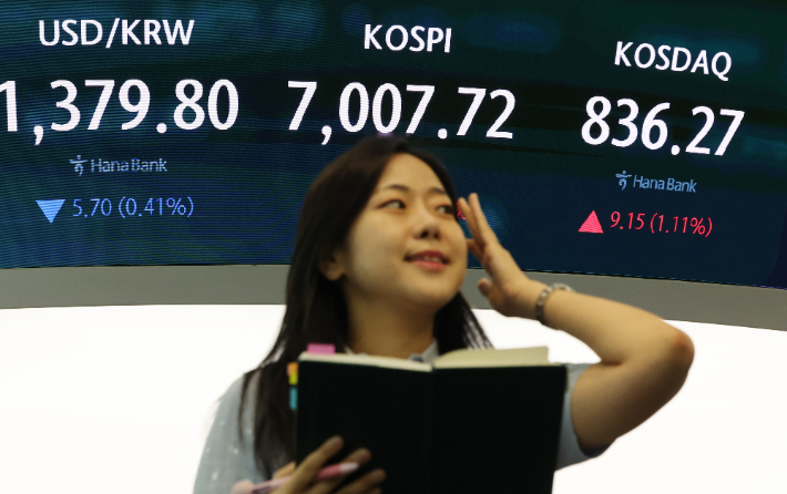 21일 서울 중구 하나은행 딜링룸에서 직원이 업무를 보고 있다. 연합뉴스