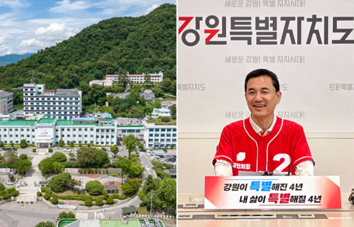 강원도청 전경(왼쪽)과 김진태 전 강원지사. 강원도·김 전 지사 측 제공 