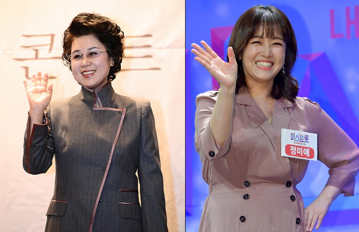 가수 심수봉(왼쪽)과 정미애. 윤창원·박종민 기자