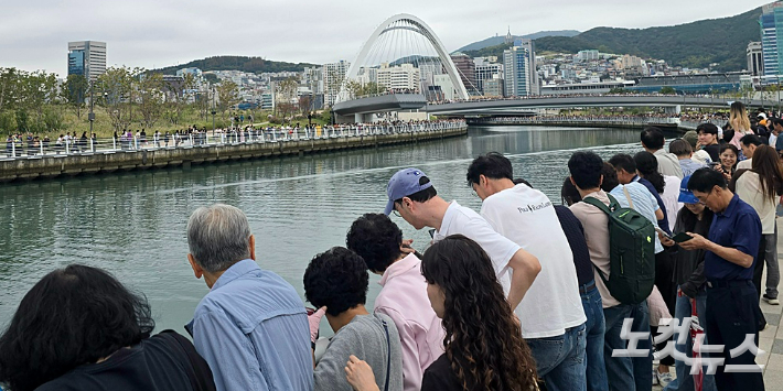 추석 연휴 마지막 날인 27일 북항 친수공원에 상어 '부캉이'를 보기 위한 인파가 몰렸다. 송호재 기자