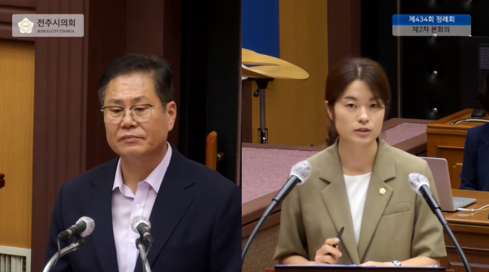 조지훈 전주시장(사진 외쪽)과 전주시의회 진보당 최한별 의원. 옛 대한방직 터 개발과 관련 시정질문 중인 모습. 전주시의회 제공