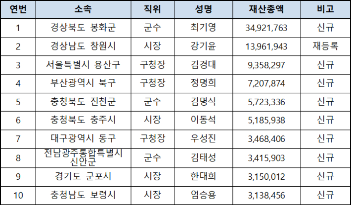 기초단체장 재산총액 상위자(단위 : 천원). 인사혁신처 제공