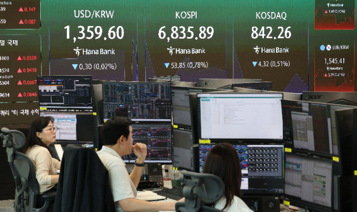 코스피가 하락 출발한 29일 서울 중구 하나은행 본점 딜링룸 전광판에 실시간 코스피와 코스닥, 원/달러 환율이 표시되고 있다. 연합뉴스