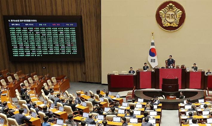 지난 7월 31일 국회에서 열린 7월 임시국회 제3차 본회의에서 전날 상정된 형사소송법 개정안이 재석의원 178명 중 찬성 175명, 반대 2명, 기권 1명으로 가결된 모습. 연합뉴스