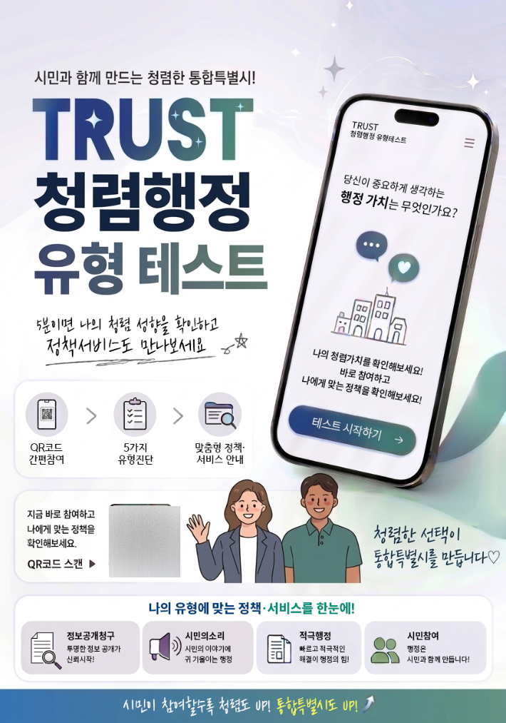 전남광주통합특별시는 30일부터 시민참여형 '트러스트 청렴행정 유형 테스트'를 운영한다. 광주특별시 제공