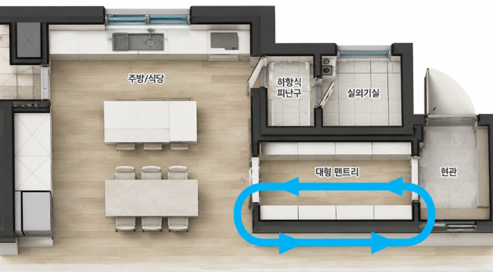  한화포레나 84㎡ 대면형 광폭주방 및 순환형 펜트리 평면도. 한화 건설부문 제공