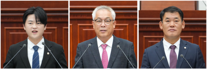 (왼쪽부터)김경주, 김상희, 박광호 의원이 본회의에 앞서 5분 자유발언을 하고 있다. 경주시의회 제공