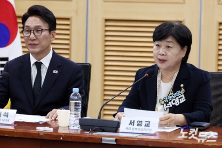 국회 법사위원장인 더불어민주당 서영교 의원이 2일 서울 여의도 국회에서 열린 대법관 임명 관련 헌법전문가 긴급 좌담회에서 발언을 하고 있다.