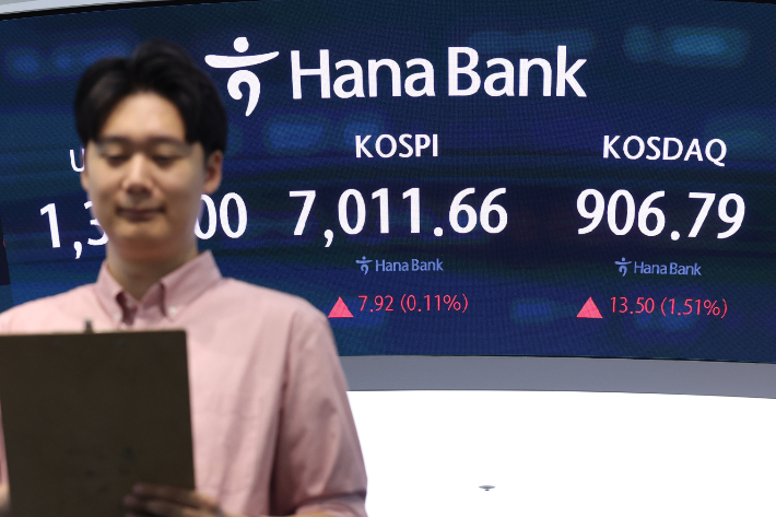 6일 서울 중구 하나은행 본점 딜링룸 전광판에 실시간 코스피와 코스닥, 원/달러 환율이 표시되고 있다. 연합뉴스