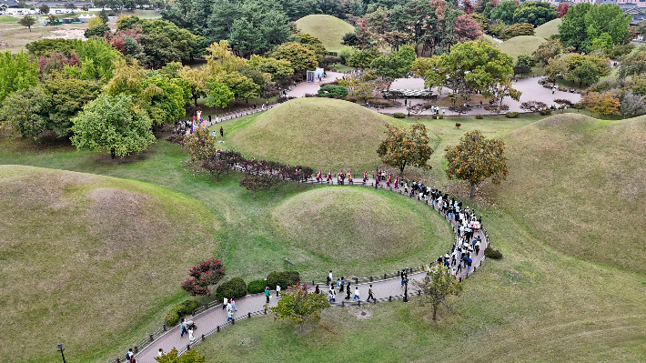 완연한 가을을 맞은 경주 대릉원 고분군 사이로 관광객들의 발길이 길게 이어지고 있다. 경주시 제공
