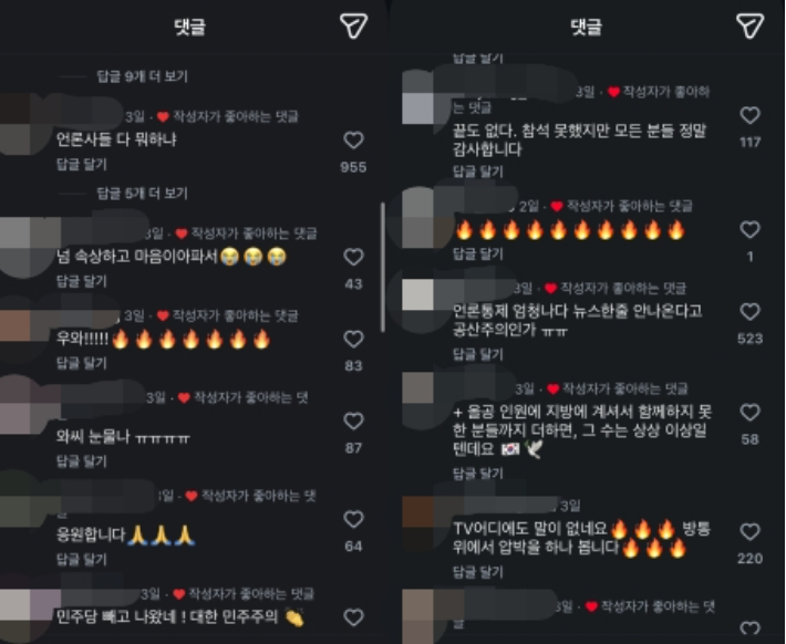 해당 게시글에 달린 댓글들. 인스타그램 캡처(계정 비공개 처리)