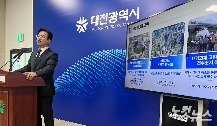 허태정 대전시장이 6일 취임 100일 기자회견을 열고 향후 정책 추진 방향을 밝히고 있다. 정세영 기자