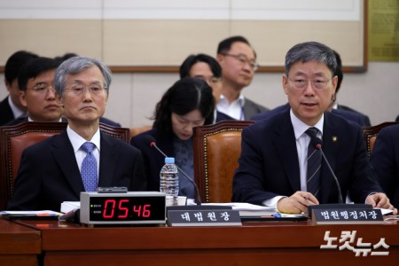 노경필 법원행정처장이 6일 서울 여의도 국회에서 열린 법제사법위원회의 대법원 등에 대한 국정감사에서 의원 질의에 답변을 하고 있다.(왼쪽 조희대 대법원장)