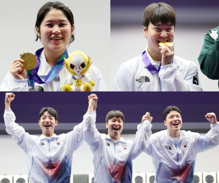 한국 사격 금메달리스트. 사진 맨 위 왼쪽부터 시계방향으로 추가은, 이건혁, 남자 25ｍ 속사권총 단체전 금메달리스트(왼쪽부터 송종호·이건혁·윤서영). 연합뉴스 
