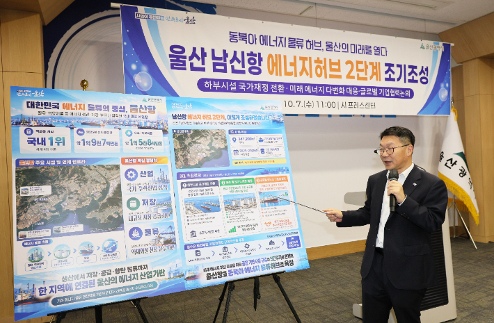 울산시는 7일 시청 프레스센터에서 기자회견을 열고 남신항 에너지 거점 2단계 사업의 3대 추진 방향을 발표했다. 울산시 제공