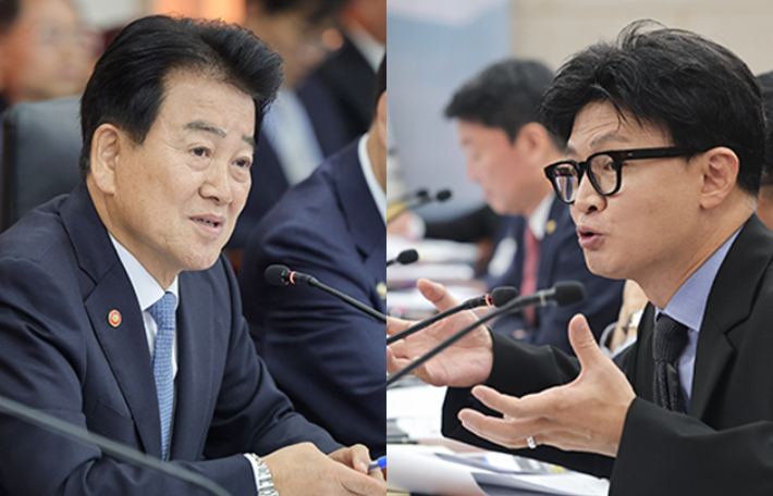 정동영 통일부 장관(왼쪽)과 한동훈 무소속 의원. 연합뉴스