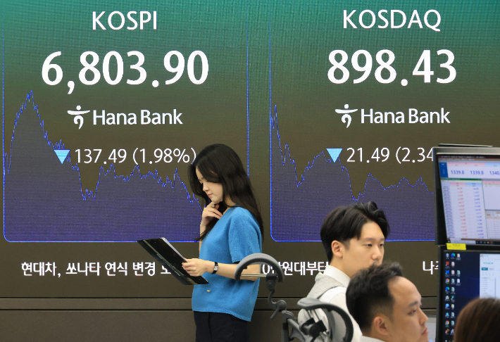 7일 서울 중구 하나은행 본점 딜링룸에 주가지수가 표시되고 있다. 연합뉴스