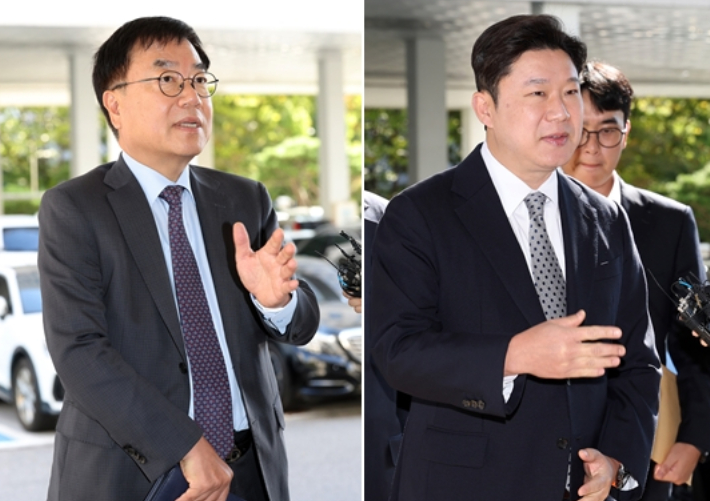 '돌려차기 실언' 논란 등으로 국민의힘 중앙윤리위원회로부터 '당원권 정지' 징계 처분을 받은 서범수(왼쪽)·진종오 의원이 7일 서울 양천구 서울남부지법에서 열린 징계 효력정지 가처분 사건의 심문에 출석하고 있다. 연합뉴스