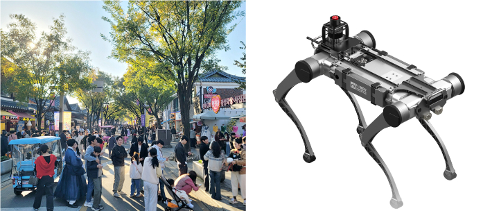 전주 한옥마을 휴일 모습(사진 외쪽)과 도입 예정 사족보행로봇. 전주시 제공