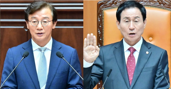전재수 부산시장(왼쪽)과 강무길 부산시의회 의장(오른쪽). 부산시의회 제공 부산시의회 제공