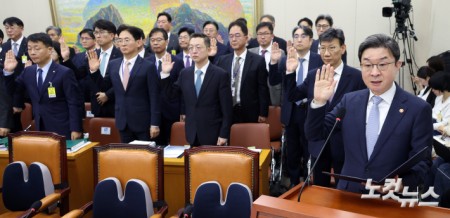 8일 서울 여의도 국회에서 열린 정무위원회의 금융위원회·한국산업은행·중소기업은행에 대한 국정감사에서 이억원 금융위원장과 기관증인들이 선서를 하고 있다.