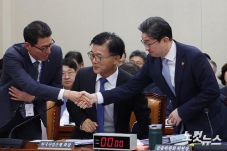 이억원 금융위원장(오른쪽부터)과 박상진 한국산업은행 회장, 장민영 중소기업 은행장이 8일 서울 여의도 국회에서 열린 정무위원회의 금융위원회·한국산업은행·중소기업은행에 대한 국정감사에서 인사를 하고 있다.